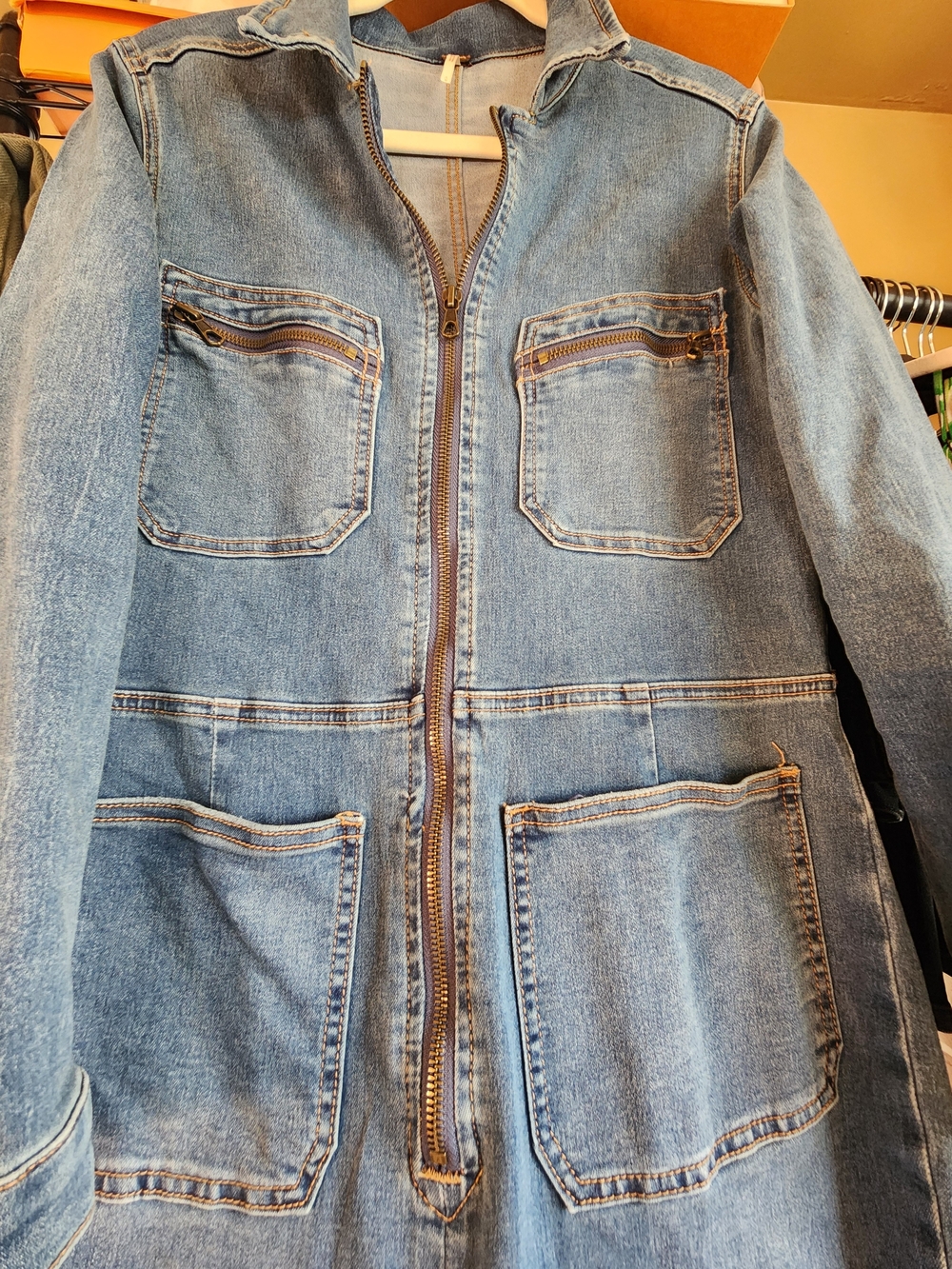 Free People Women's Denim Zip-Front Jumpsuit - Blue - Picture 6 of 10